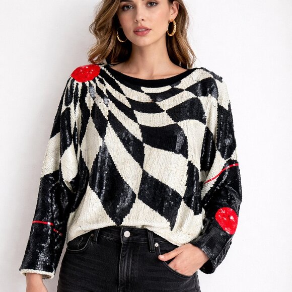 Siruti Tops - Vintage Siruti Geometric Print black White Orange Sequin Harlequin SILK Top L